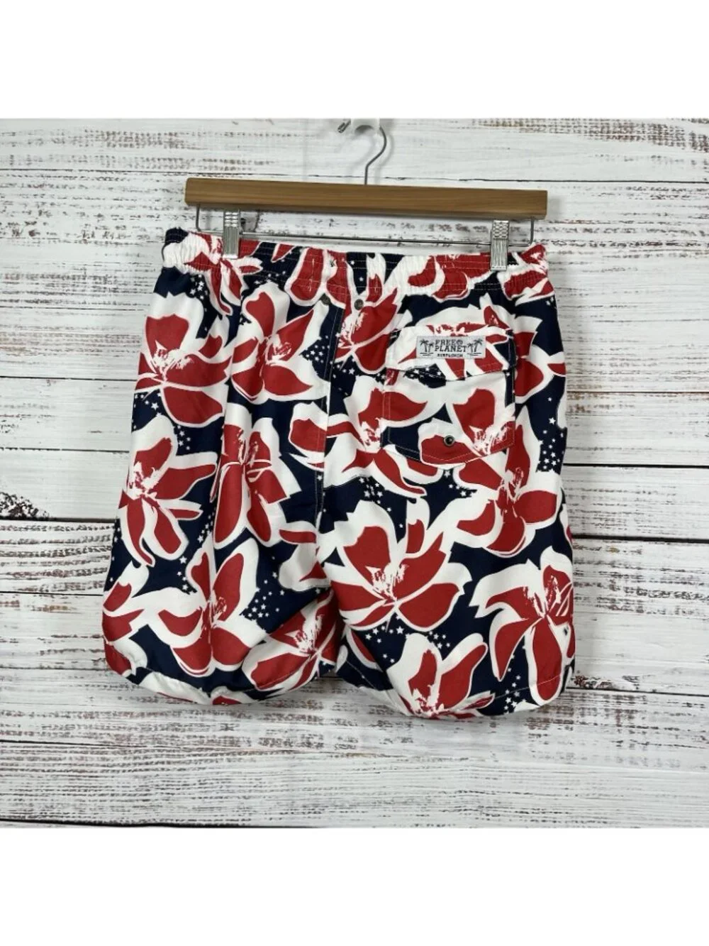 Free Planet Shirt & Swim Shorts Red White Blue Floral Button Short Sleeve